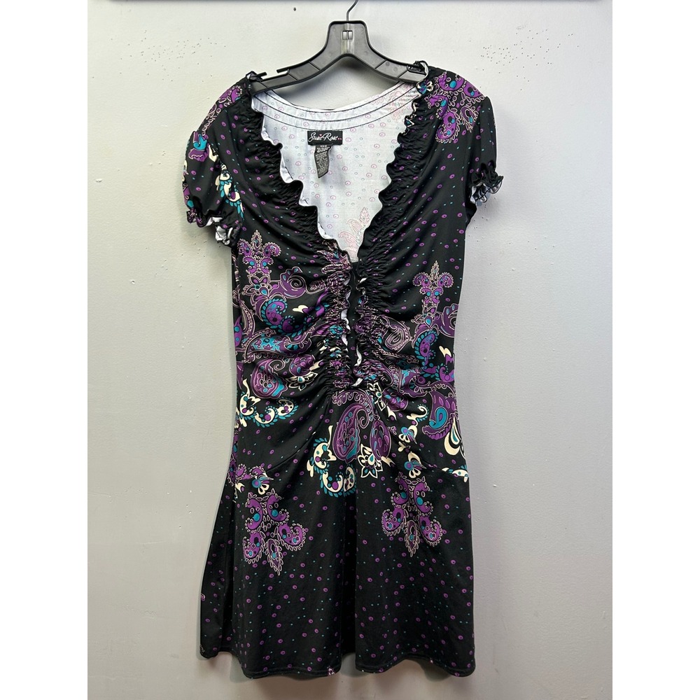 Susie Rose Dress Womens Small Black Purple Paisley Polka Dot Ruffle V-Neck Retro